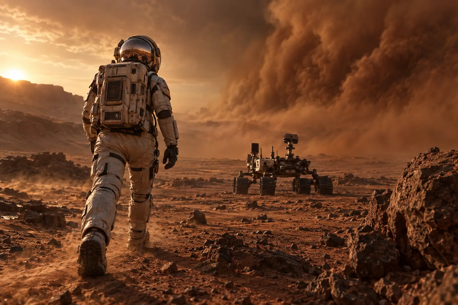 An astronaut walking through a red dust storm on Mars