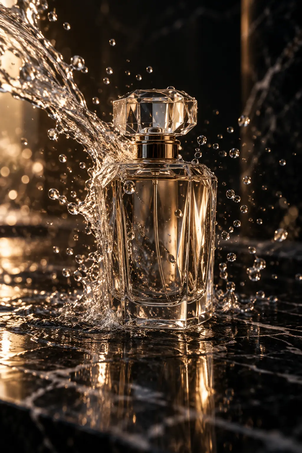 Glass perfume bottle on wet black stone with water splashing around it
