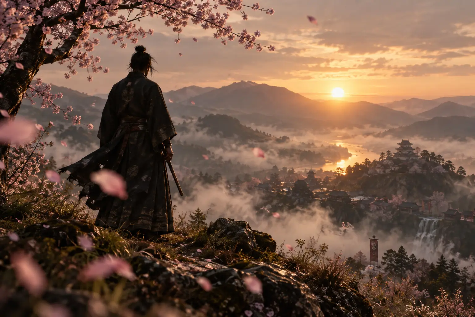 A samurai standing among falling cherry blossoms at dawn