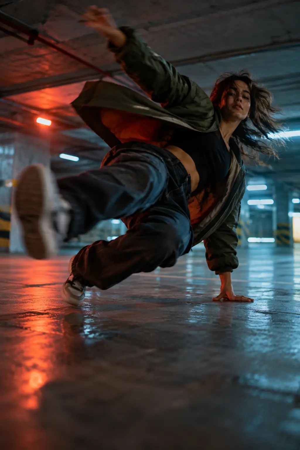 A street dancer mid-move under neon light at night