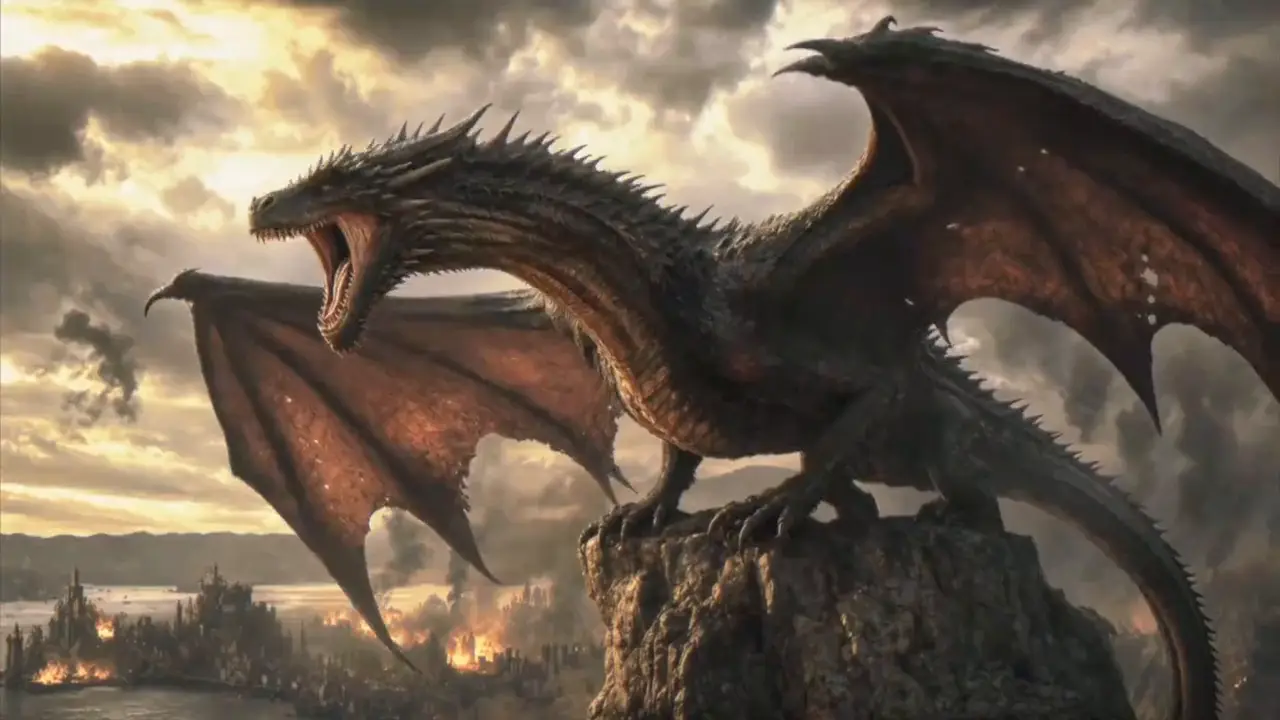Kling 4.0 clip: a dragon perched on a crag above a burning medieval city