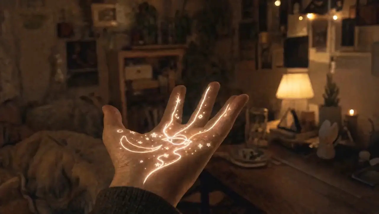 A glowing sprite drawn in light swirls around a cozy bedroom at night