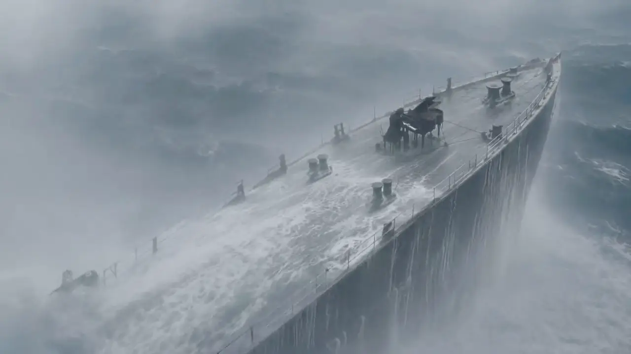 A ship ploughing through a storm with a grand piano on deck, played by a soaked pianist