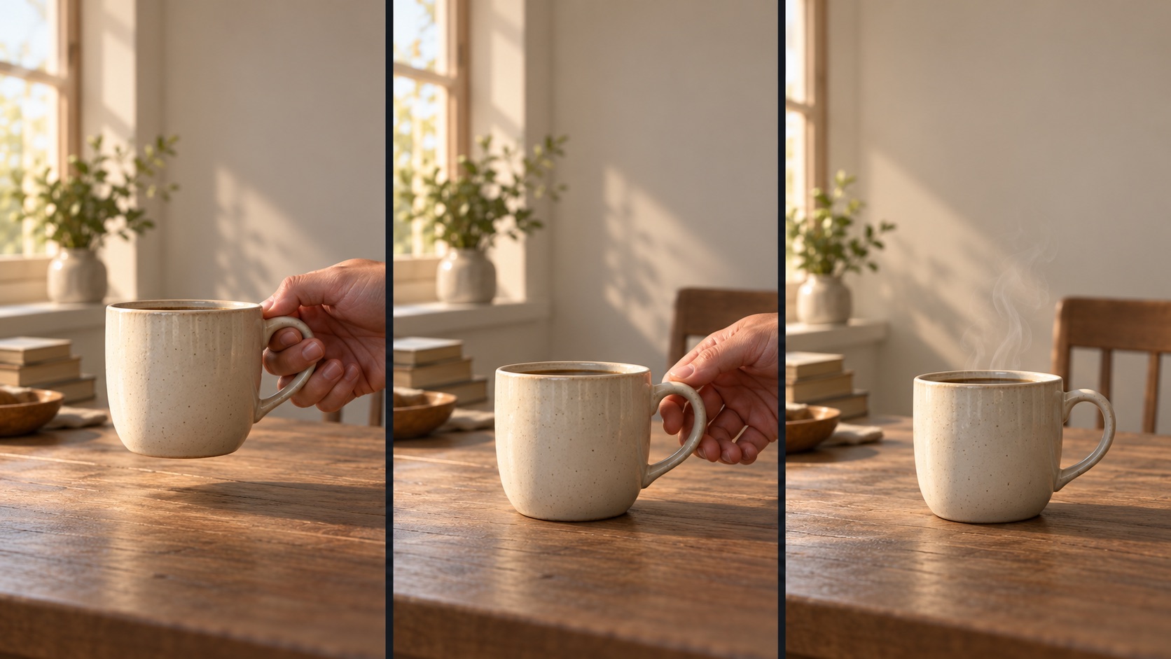 Three storyboard frames: a hand approaches the table with a cup, sets it down, then leaves the cup standing alone