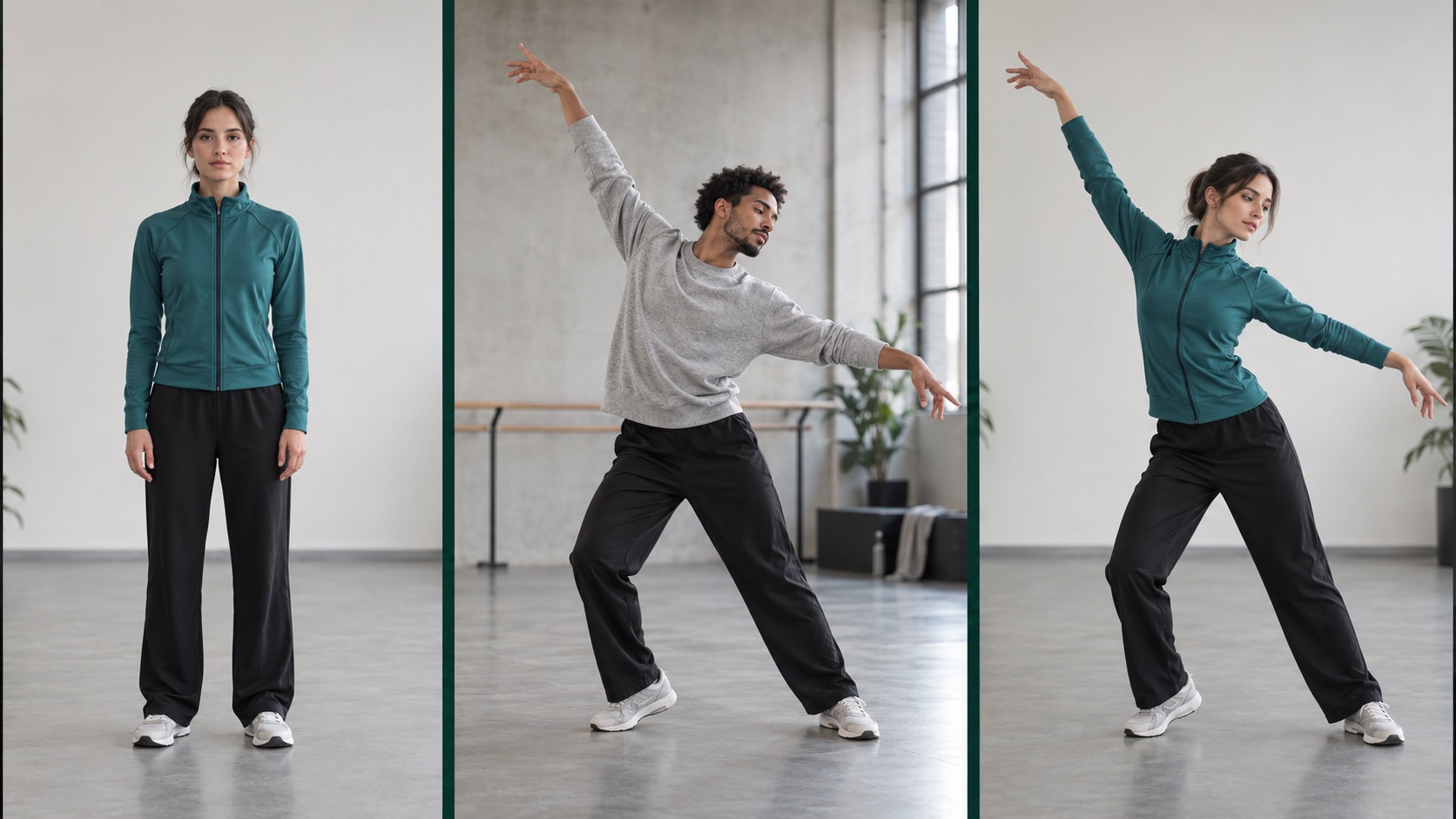 A character in a teal jacket, a different performer’s reference pose, and an illustration of the first character adopting that pose
