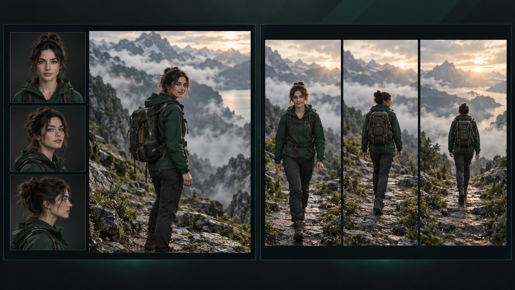 An explorer’s multi-angle reference board beside a three-frame storyboard of her turning on a mountain path